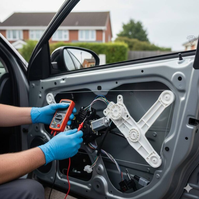 A mobile auto electrician testing a car window motor and regulator with a multimeter for an electric window repair in Sheffield.
