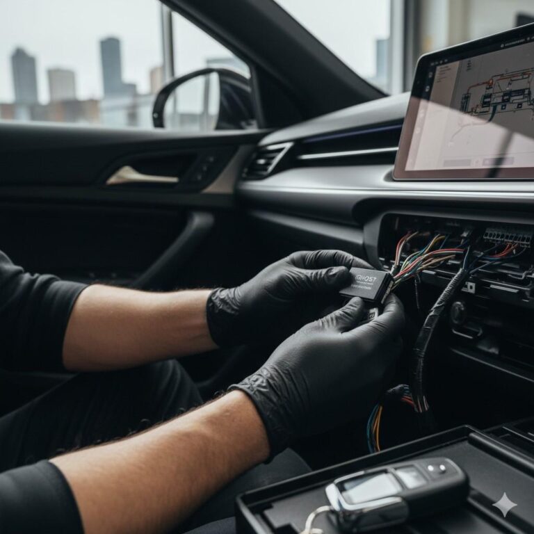 A professional auto electrician wearing black gloves installing a Ghost Immobiliser security system into a vehicle dashboard in Sheffield.