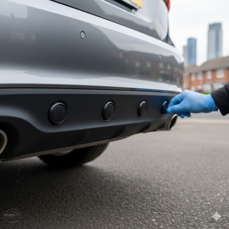 Close-up of professional parking sensors fitted to a car rear bumper by a mobile auto electrician in Sheffield.