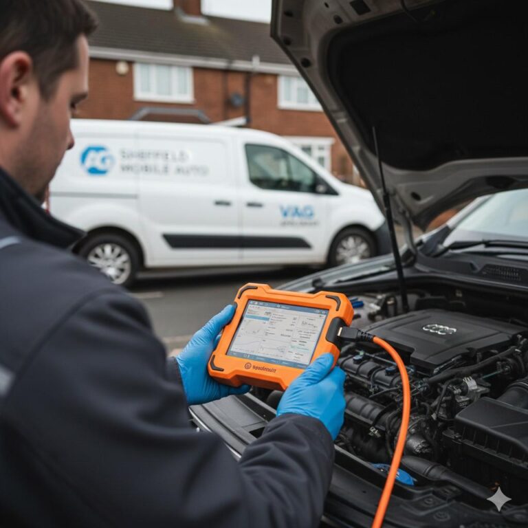 Mobile auto electrician using a professional diagnostic tool on a Volkswagen Audi Group vehicle engine in Sheffield.