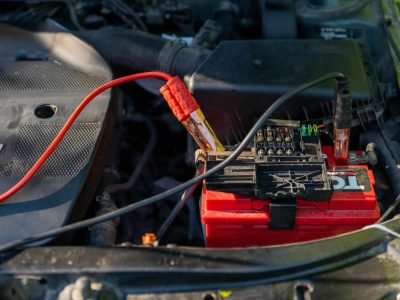 A professional battery tester connected to a vehicle battery under the bonnet for mobile car battery replacement services in Sheffield.