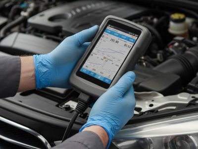 Hands in blue gloves holding a professional vehicle diagnostic tool for expert ECU coding and programming in Sheffield.