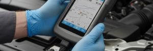Hands in blue gloves holding a professional vehicle diagnostic tool for expert ECU coding and programming in Sheffield.