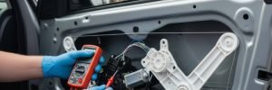 A mobile auto electrician testing a car window motor and regulator with a multimeter for an electric window repair in Sheffield.