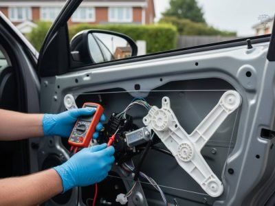 A mobile auto electrician testing a car window motor and regulator with a multimeter for an electric window repair in Sheffield.