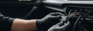 A professional auto electrician wearing black gloves installing a Ghost Immobiliser security system into a vehicle dashboard in Sheffield.