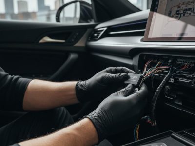 A professional auto electrician wearing black gloves installing a Ghost Immobiliser security system into a vehicle dashboard in Sheffield.