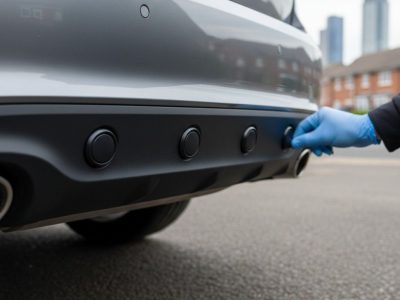 Close-up of professional parking sensors fitted to a car rear bumper by a mobile auto electrician in Sheffield.