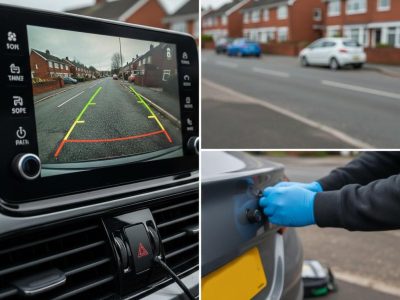 Mobile auto electrician working on a professional reverse camera parking installation for a customer in Sheffield.