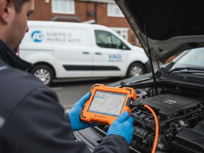 Mobile auto electrician using a professional diagnostic tool on a Volkswagen Audi Group vehicle engine in Sheffield.